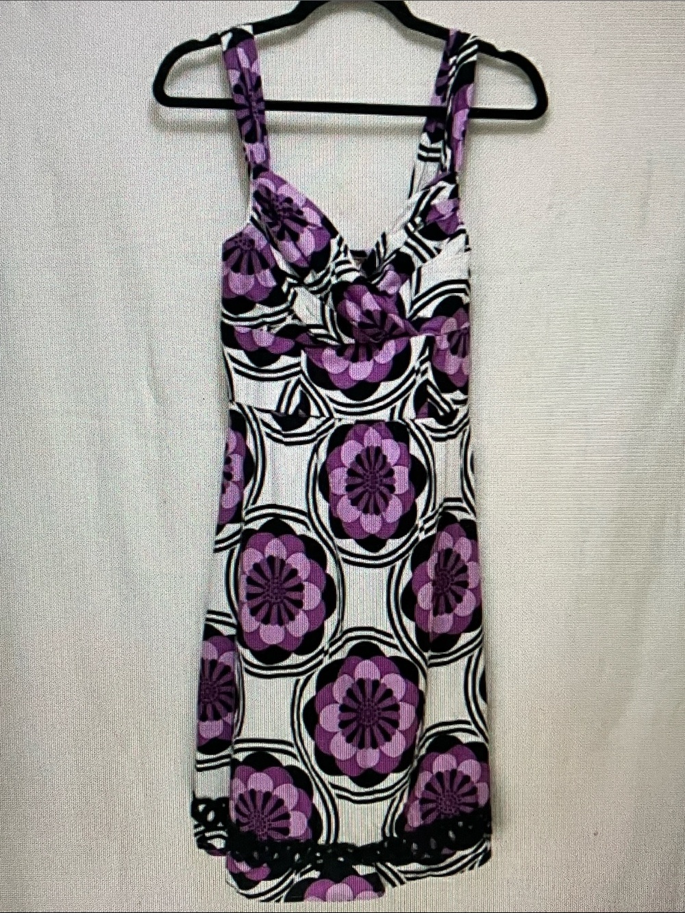 Sequin Hearts Purple, Black and White Geometric Floral Midi Dress